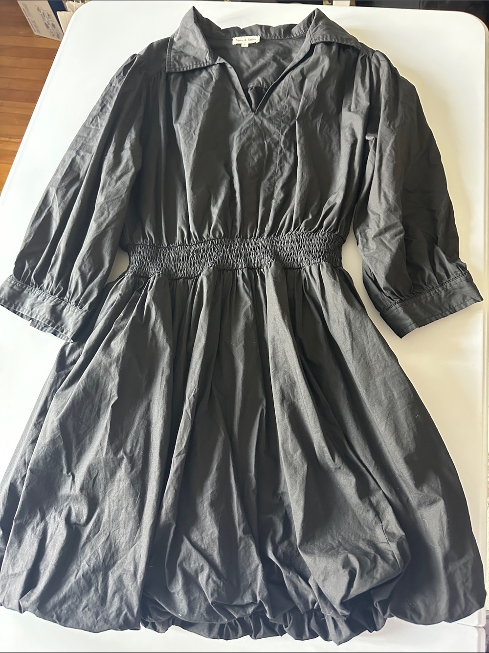 Black Smocked-Waist Casual Dress with Collar
